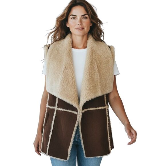 Michael Kors Brown Lambswool Vest Small Open Front, Longline, Cozy Fall/Winter - Picture 1 of 16